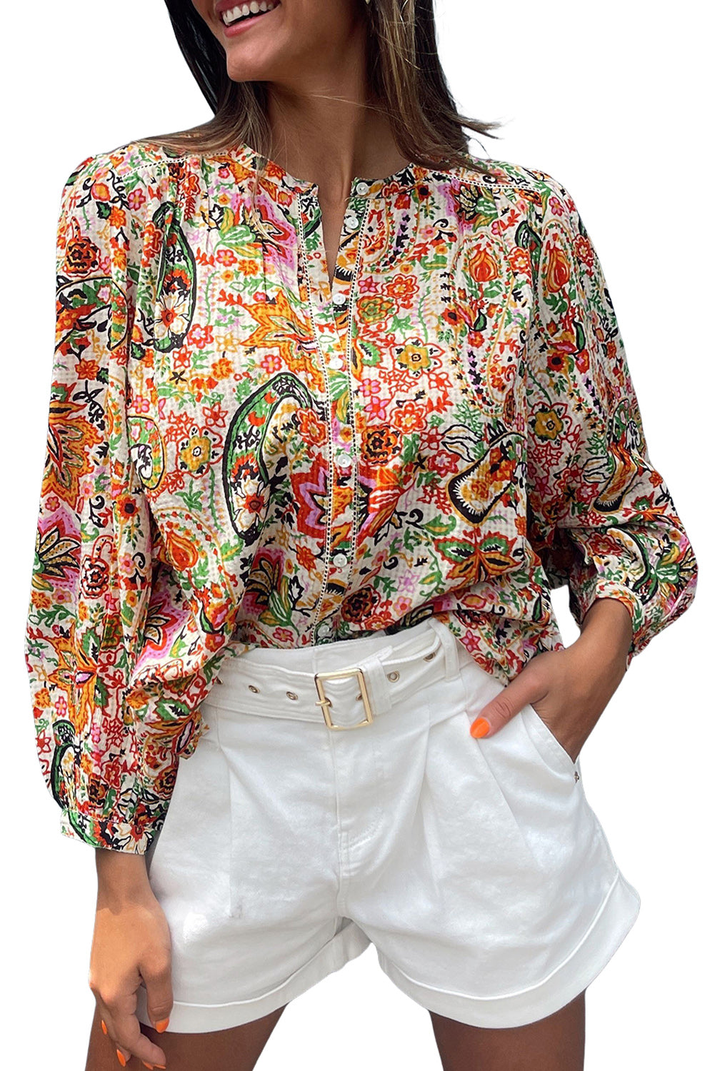 Multicolour Floral Print Lace Splicing Button up Puff Sleeve Shirt