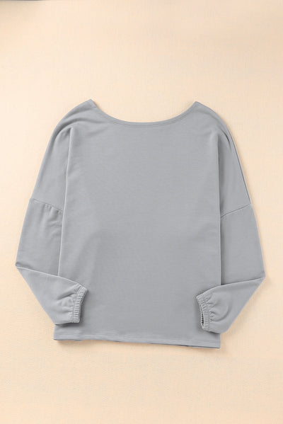 Gray Loose Fit Wide Neck Batwing Sleeves Top