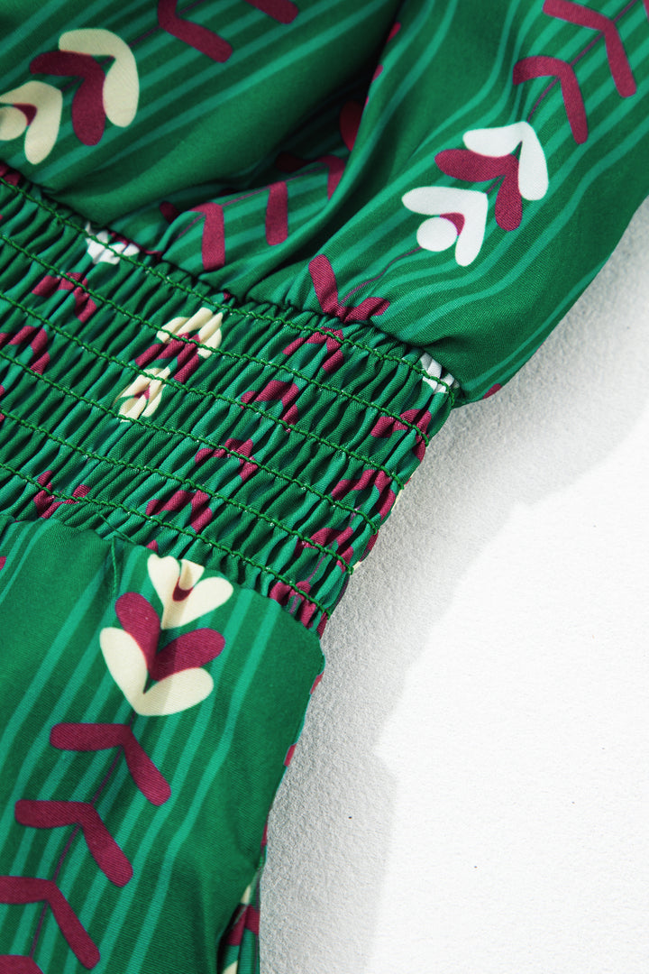 Green Floral Print V Neck Long Sleeve Shift Plus Size Dress