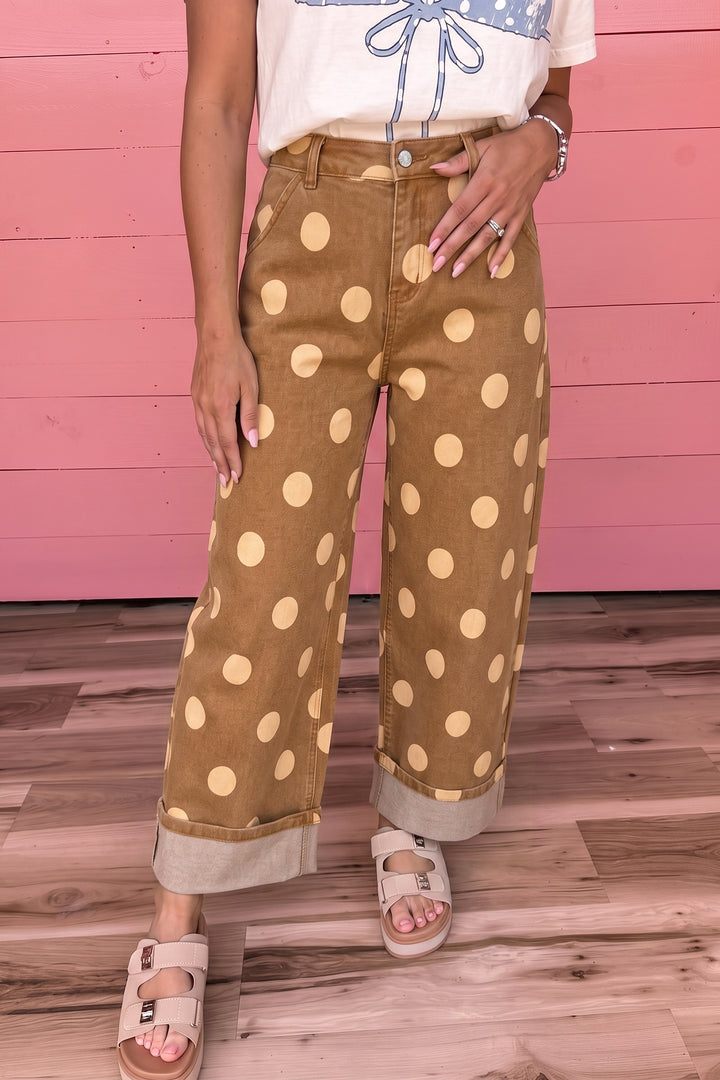Sky Blue Polka Dot Ankle-Length Metal Button Casual Jeans