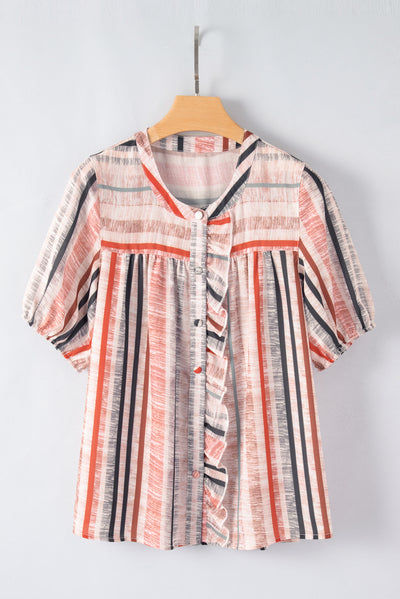 Khaki Stripe Multicolor Frilled Short Sleeve Shirt