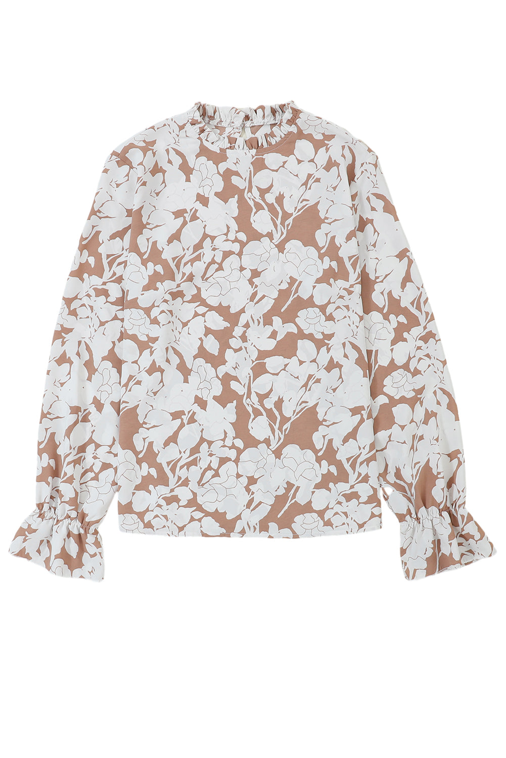 Light French Beige Floral Print Frilled Neckline Flounce Sleeve Blouse