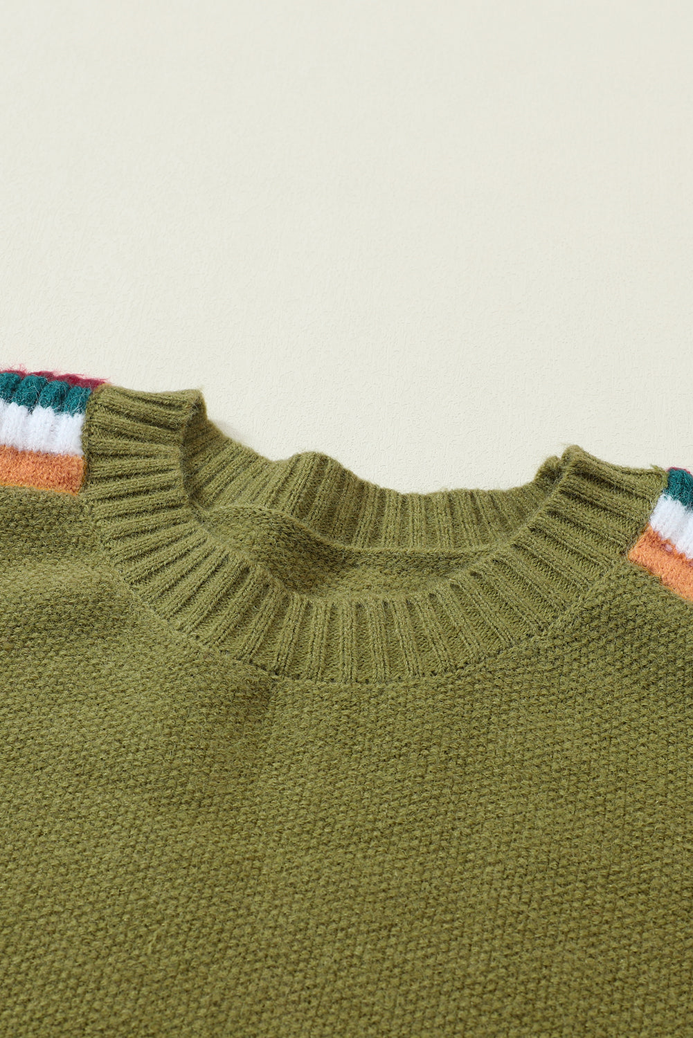 Green Leopard Contrast Striped Sleeve Ribbed Trim Sweater