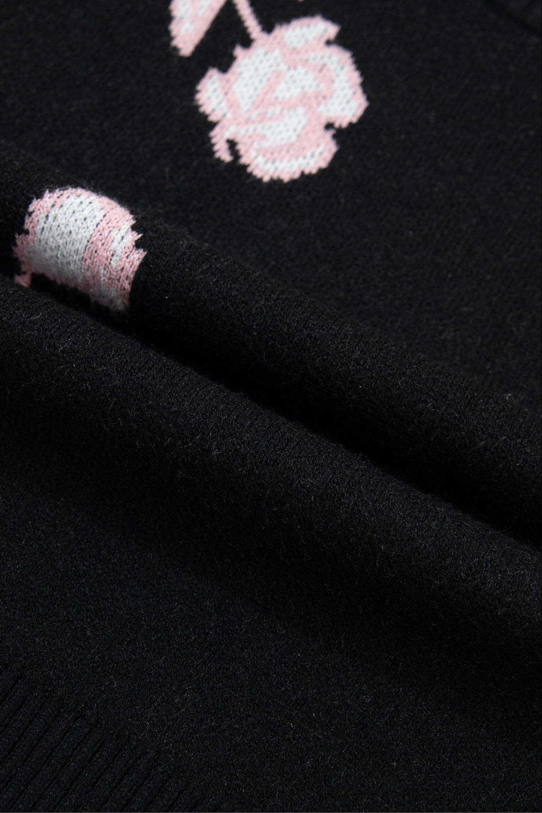 Black Floral Pattern Puff Sleeve Dropped Shoulder Pullover Sweater