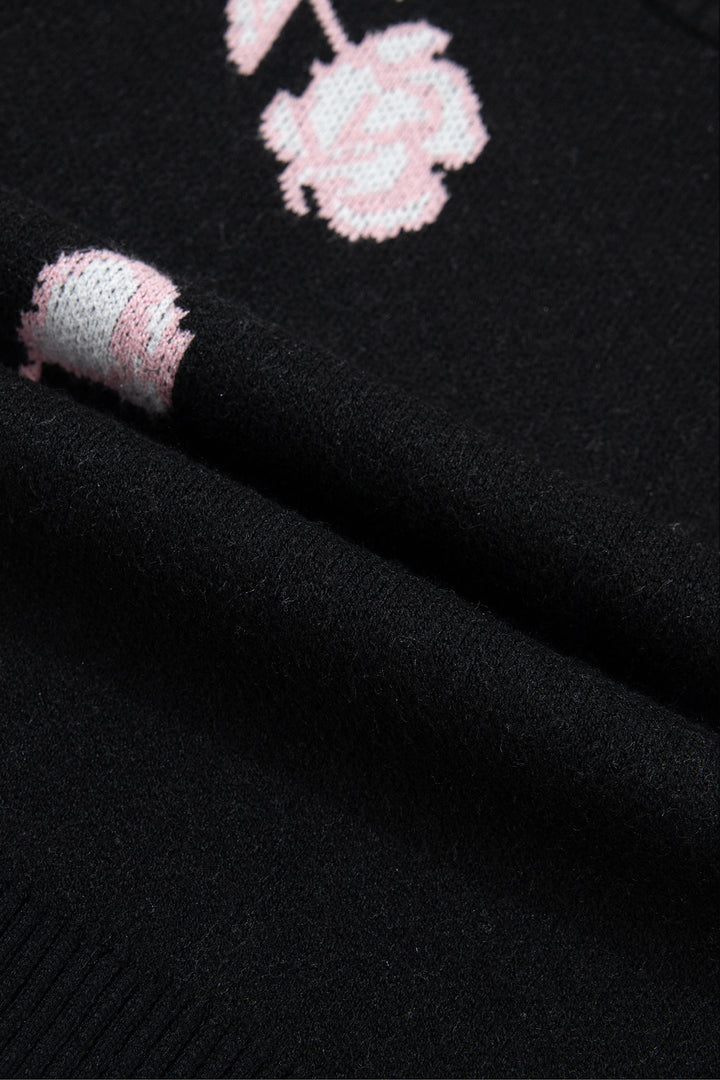 Black Floral Pattern Puff Sleeve Dropped Shoulder Pullover Sweater