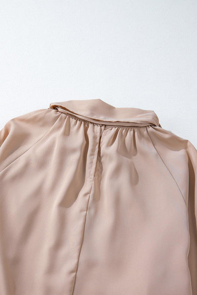 Khaki Frilled Knotted Mock Neck Bishop Sleeve Blouse