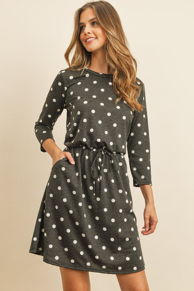 Polka Dot Print French Terry Cinch Waist Tie Front Dress With Pockets