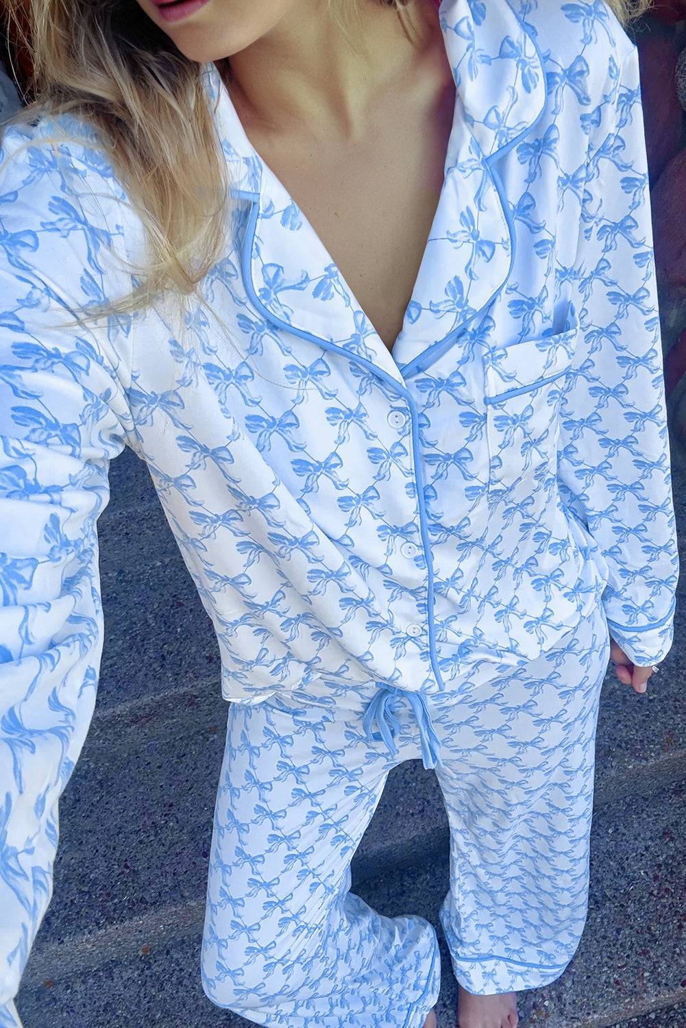 Sky Blue Bow Print Long Sleeve Shirt and Pants Soft Pajama Set