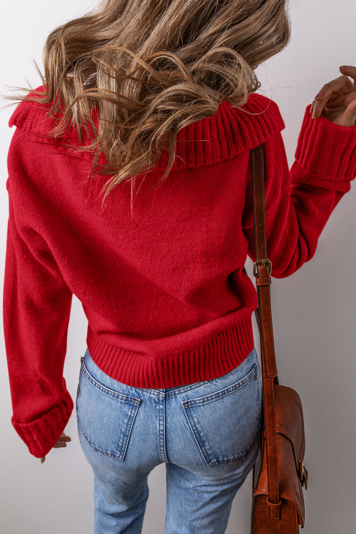 Chestnut Collared V Neck Ribbed Edge Sexy Elegant Sweater