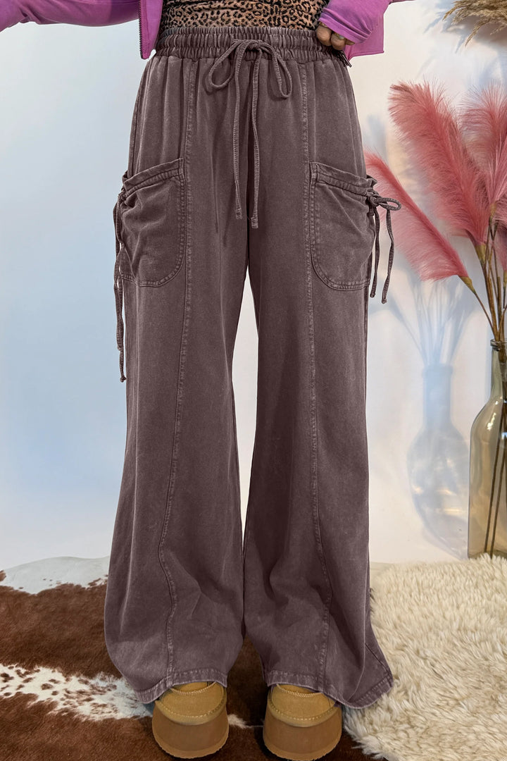 Dark Brown Cotton Mineral Wash Elastic Waist Drawstring Tie Detail Cargo Pants