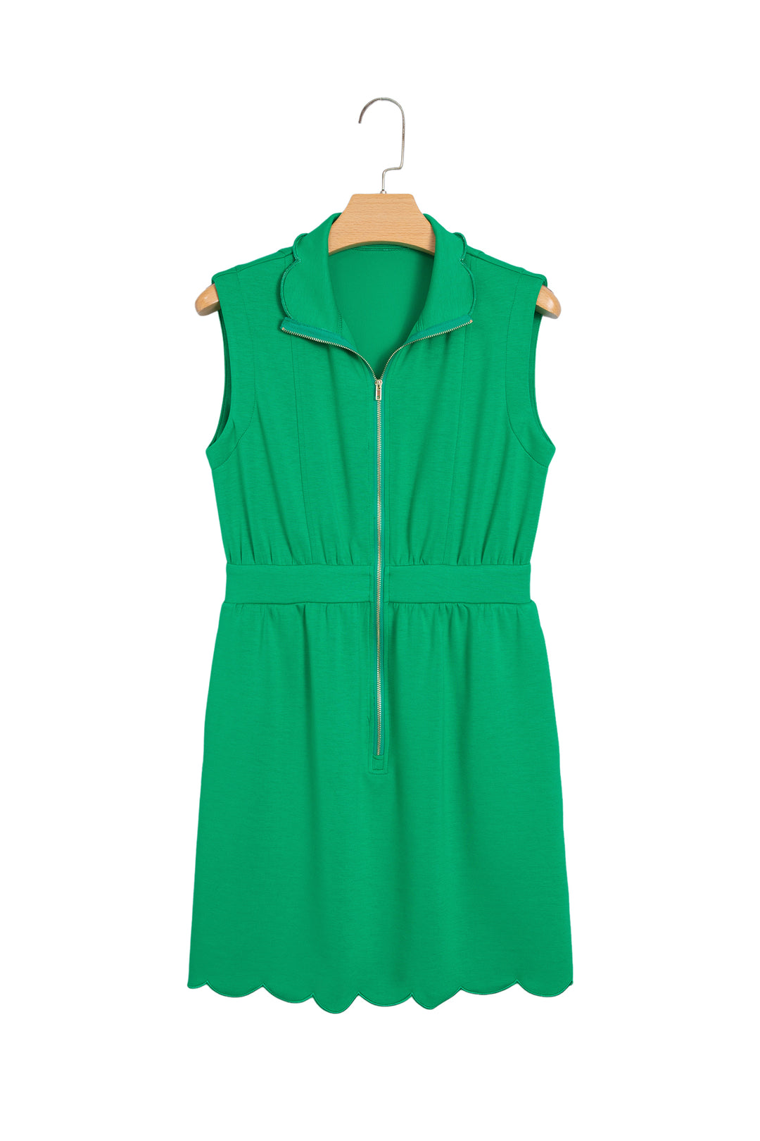 Bright Green Sleeveless Zip Front Scallop Hem Mini Dress