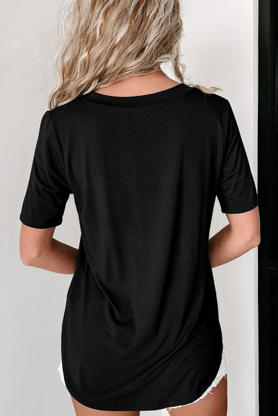 Black V Neck Pocketed Rounded Hem Tee