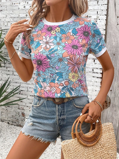 Floral Round Neck Short Sleeve T-Shirt