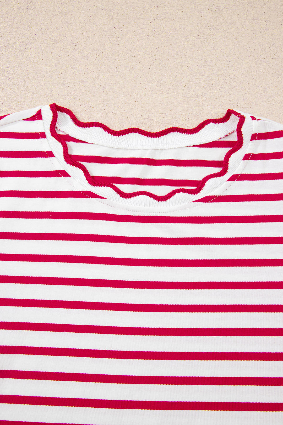 Red Stripe Scalloped Trim Round Neck T Shirt