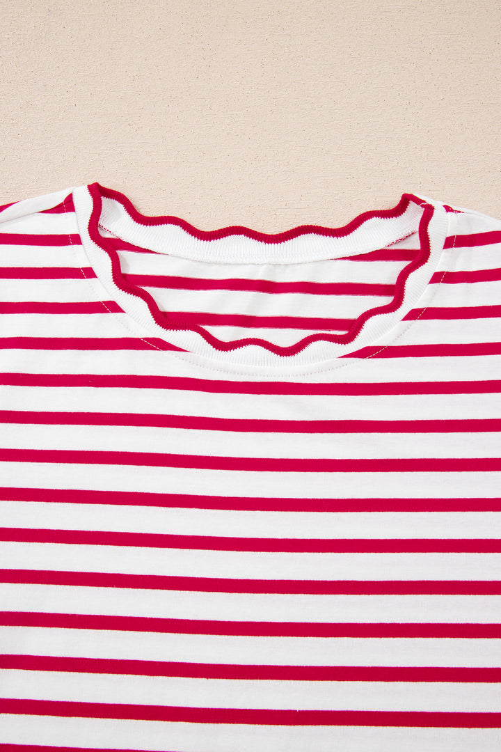 Red Stripe Scalloped Trim Round Neck T Shirt