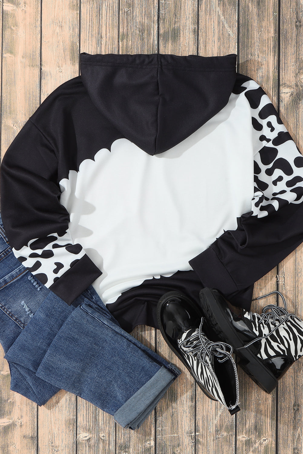 Black Cow Tie Dye Print Pocketed Drawstring Pullover Hoodie