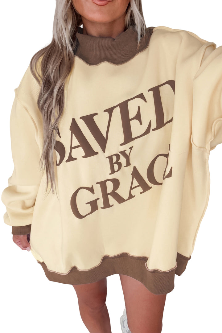 Beige Saved By Grace Print Color Block Mock Neck Oversized Sweatshirt