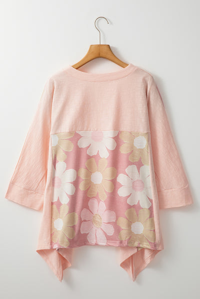 Slit Floral V-Neck Three-Quarter Sleeve Blouse