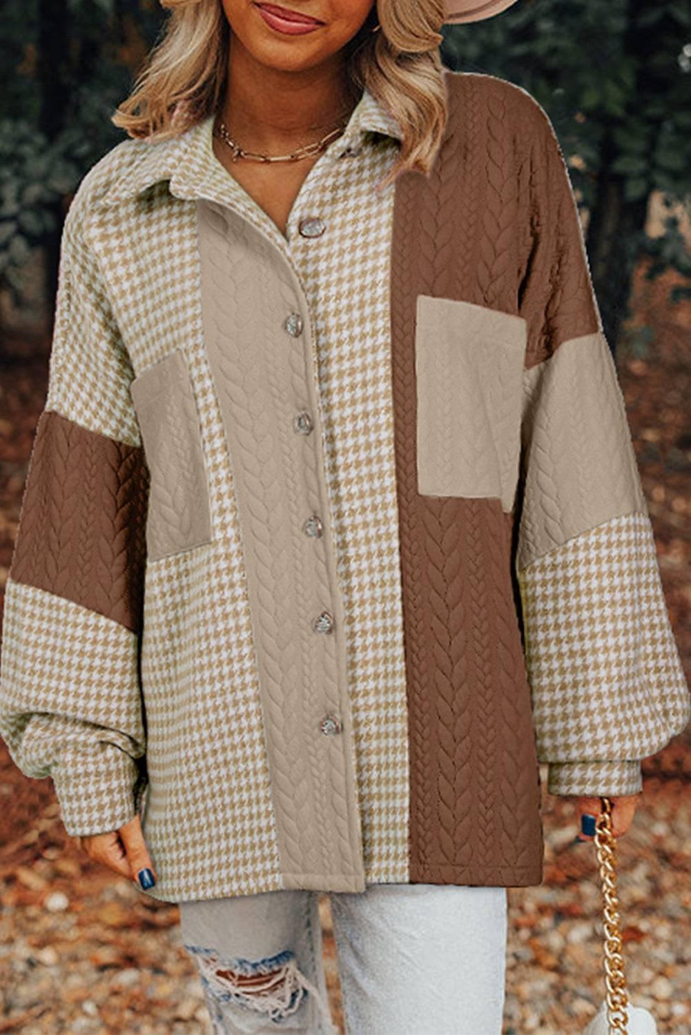 Khaki houndstooth patchwork shacket with color contrast