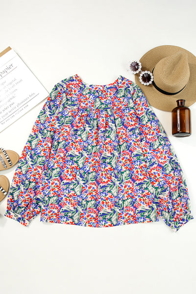 Multicolor Floral Balloon Sleeve Loose Blouse