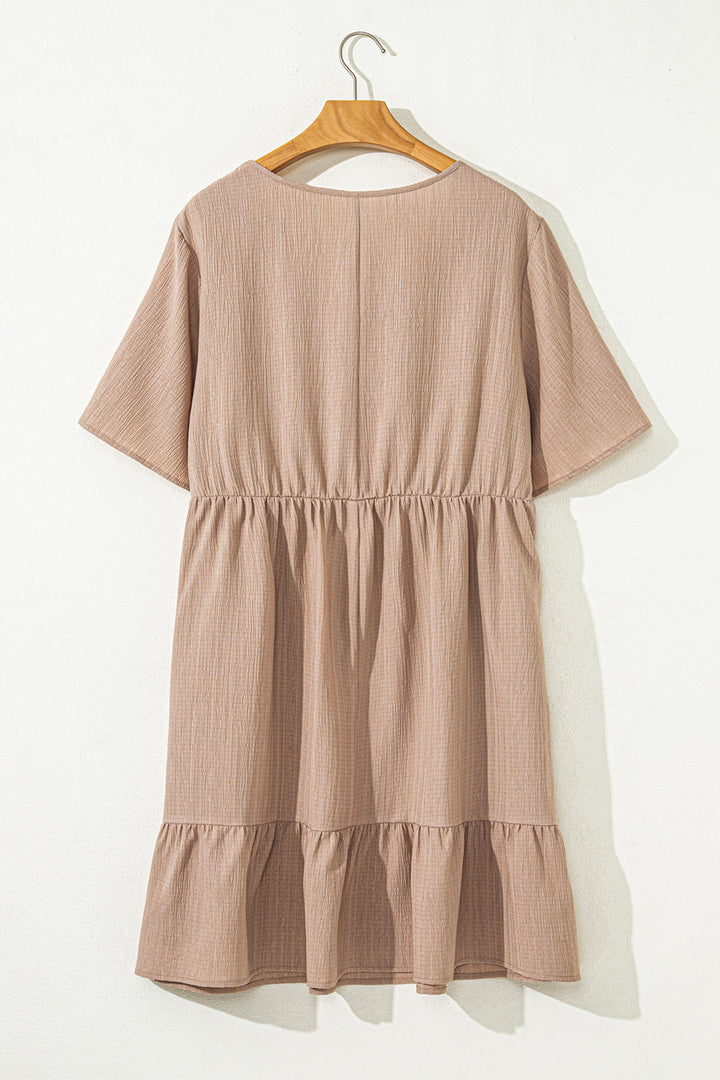 Dark Khaki Plus Size Textured Ruffled Short Sleeve Dress