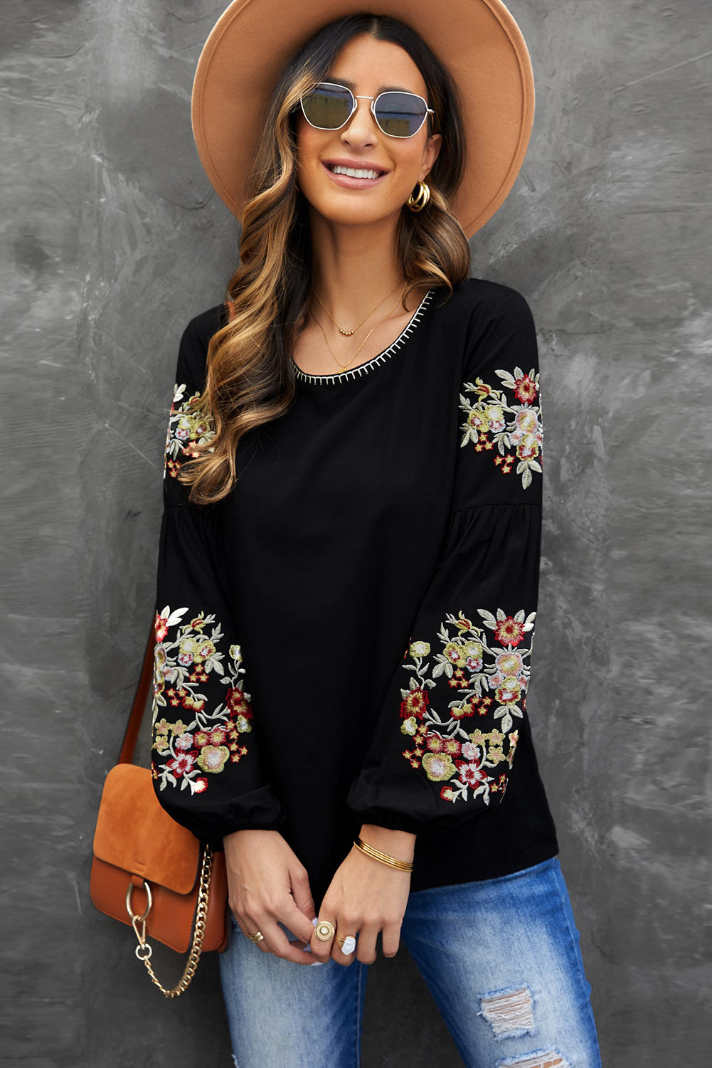 Black Floral Embroidery Long Sleeve Top