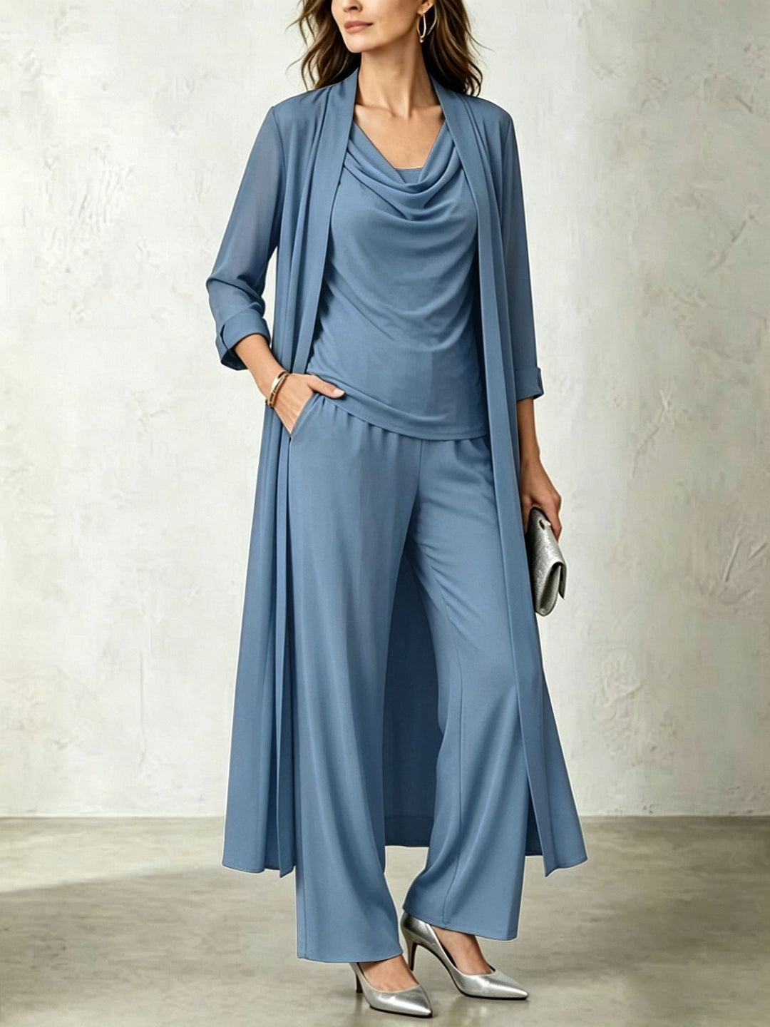 Long Sleeve Swing Collar Cardigan &amp; Wide-Leg Pants Three-Piece Set