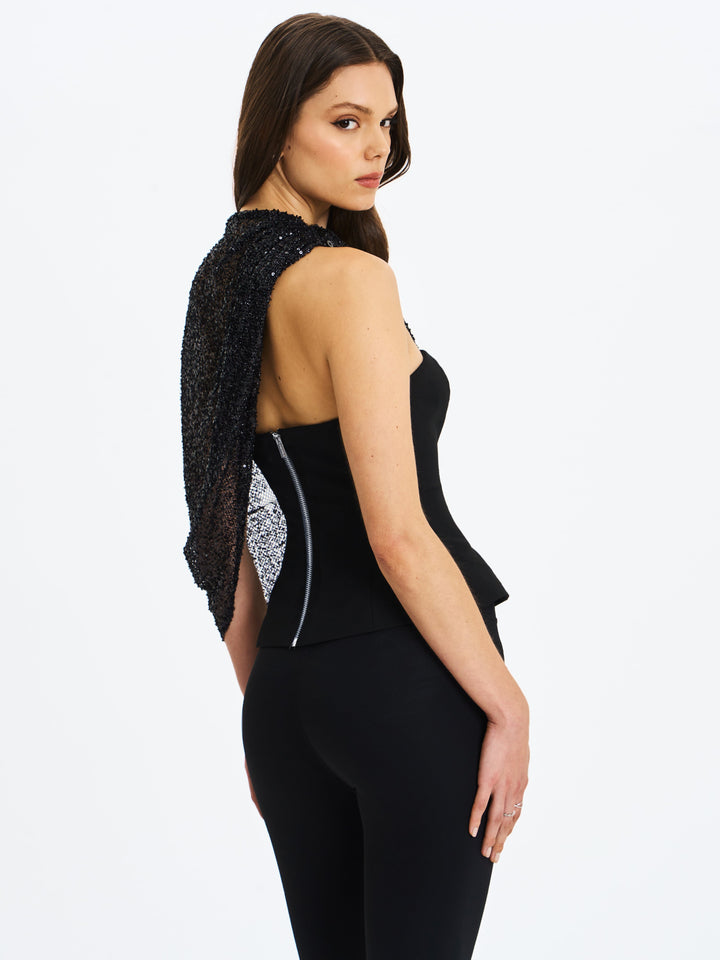Quinette Black Peplum Top with Beaded Asymmetrical Cape