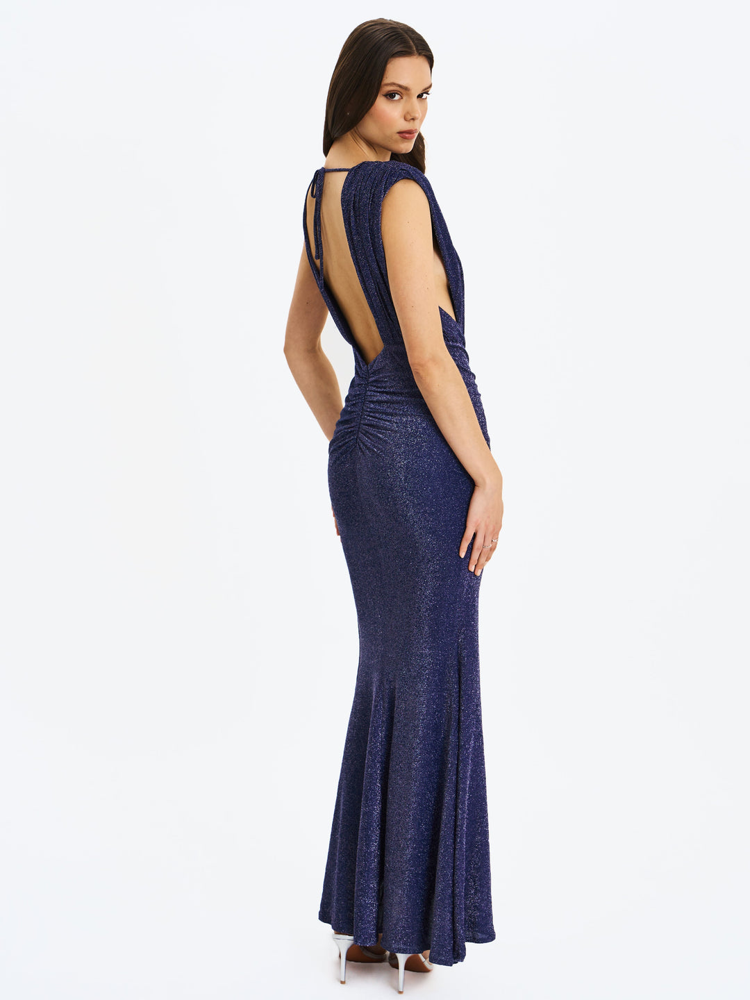 Terri Navy Sparkle Plunging Backless Maxi Dress