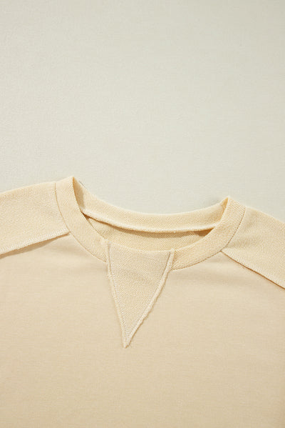 Beige Splicing Round Neck Pullover Sweatshirt