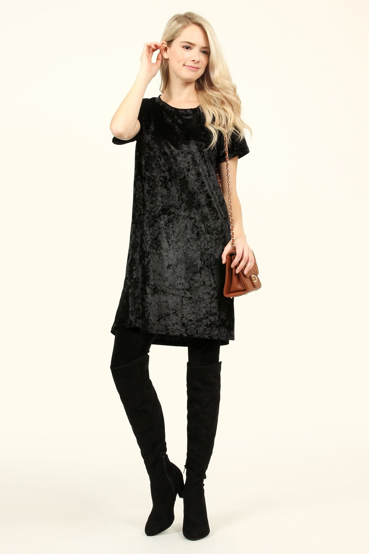 Short Sleeve Crushed Velvet Tunic Dress