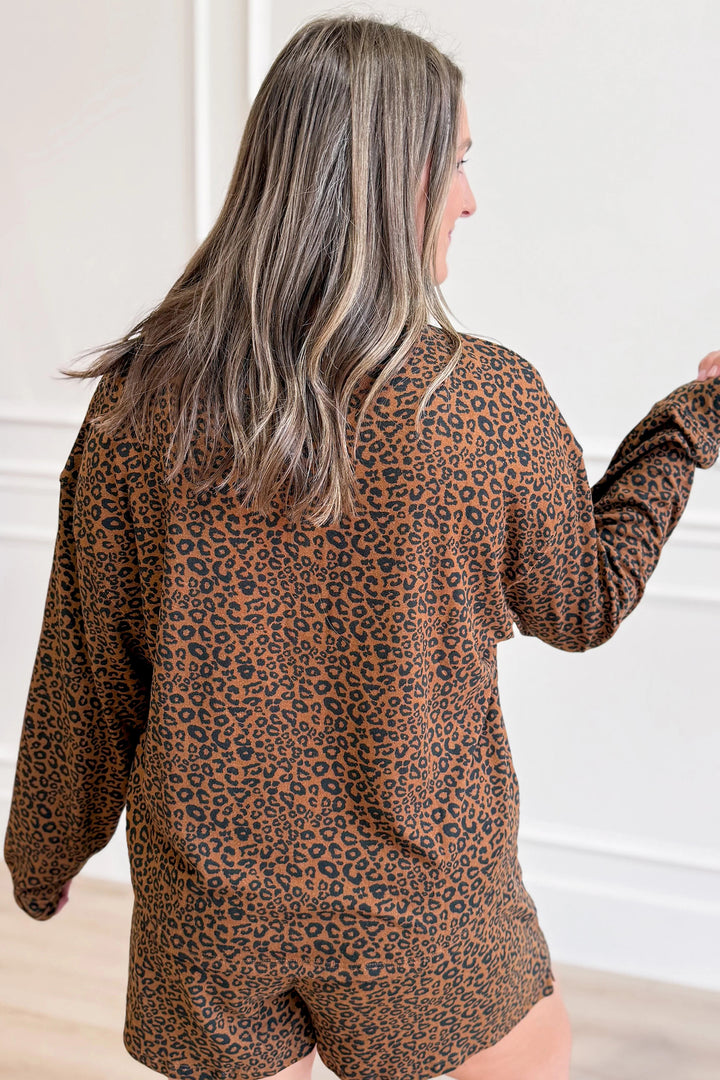 Brown Leopard Print Long Sleeve Henley Top Elastic Waist Shorts 2pcs Outfit