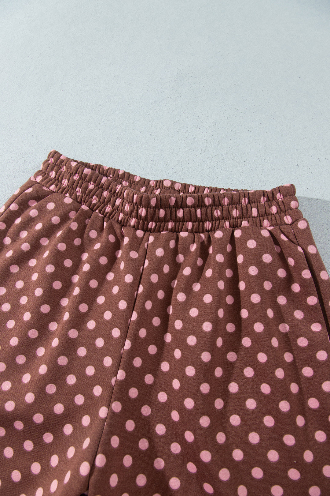 Brown Polka Dot Contrast Baggy Pullover and Elastic Waist Shorts 2pcs Set