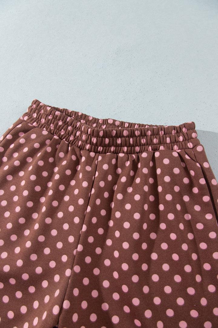 Brown Polka Dot Contrast Baggy Pullover and Elastic Waist Shorts 2pcs Set