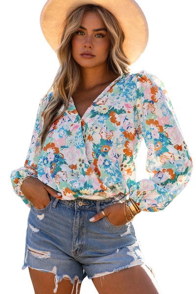 Sky Blue Floral Print Wrap Long Sleeve Bodysuit