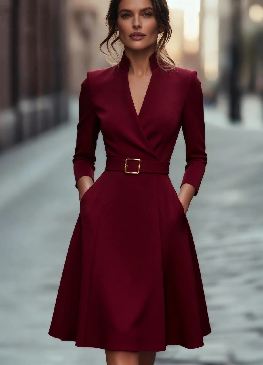 V-Neck Long Sleeve Swing Dress – Women&