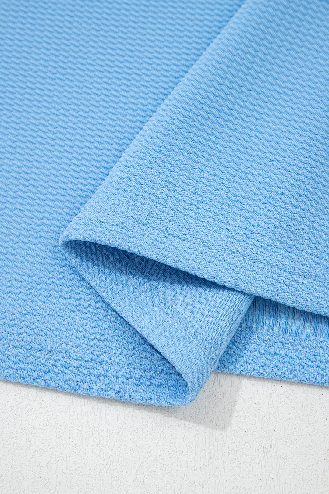 Light Blue Round Neck Textured Contrast Floral Bubble Sleeve Blouse