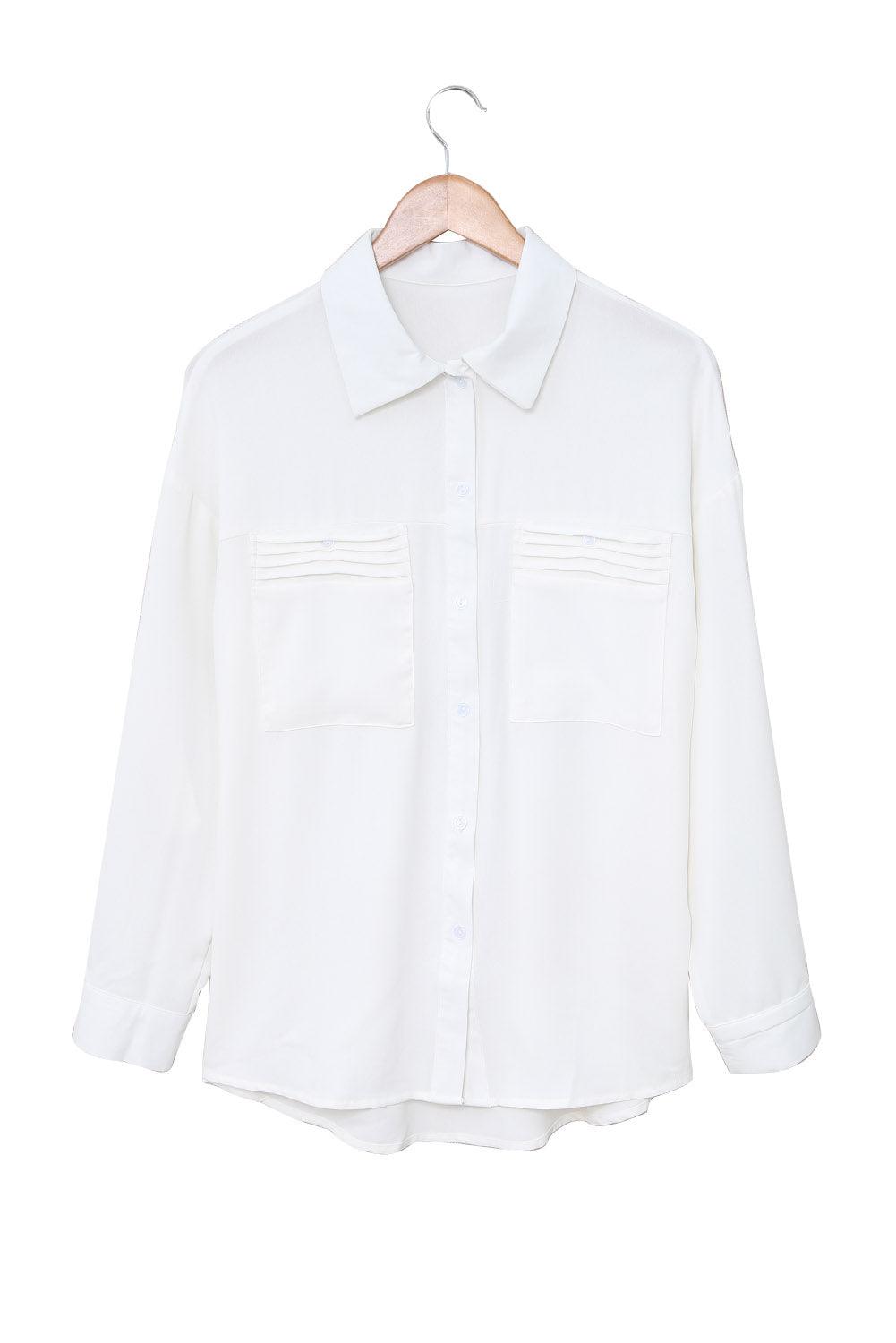 White Solid Pocket Long Sleeve Button-up Shirt