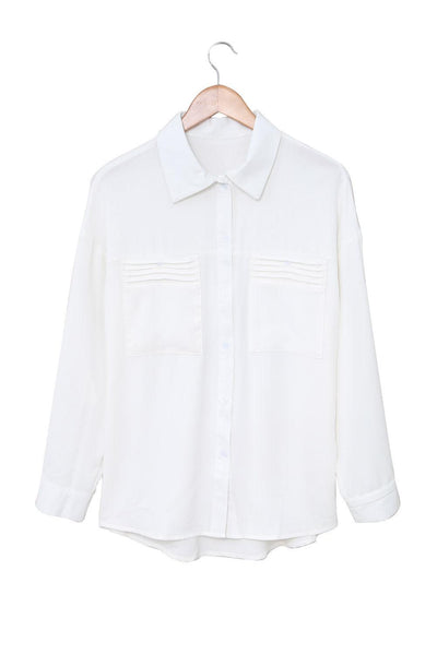 White Solid Pocket Long Sleeve Button-up Shirt