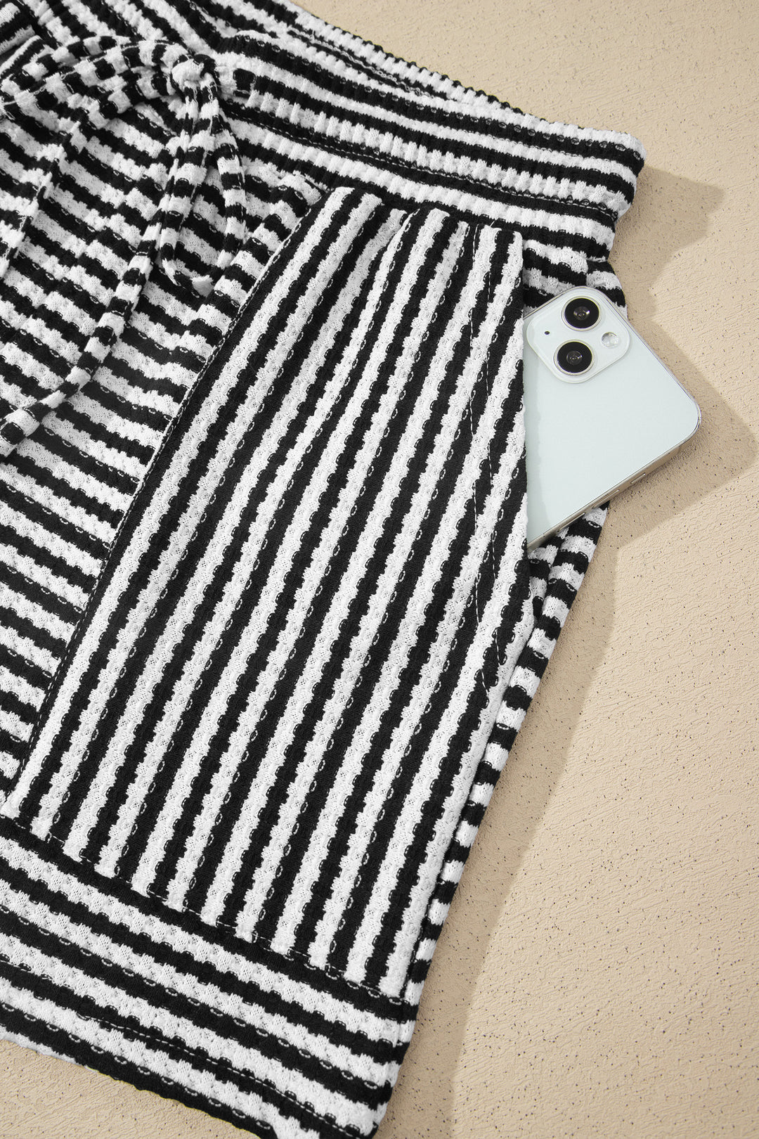 Brown Stripe Breathable Textured Knit Short 2pcs Set