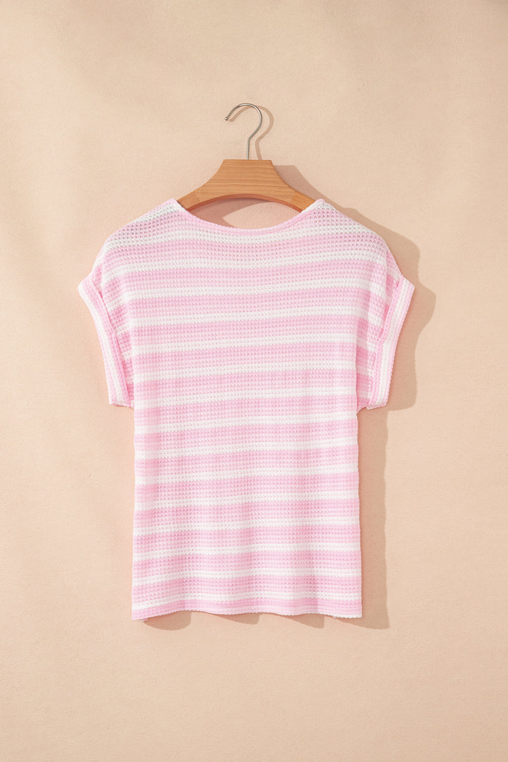 Pink Striped Print Waffle Knit T Shirt