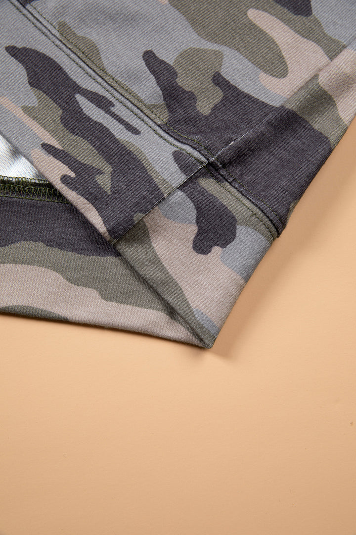 Green Camo Print Long Sleeve Plus Size Blouse