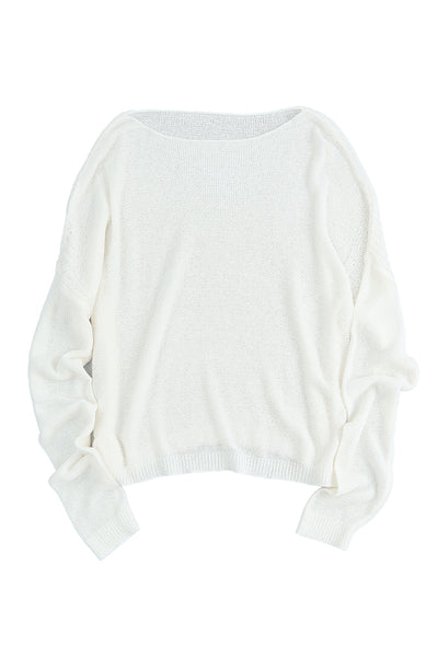 White Solid Drop Shoulder Pullover Sweater