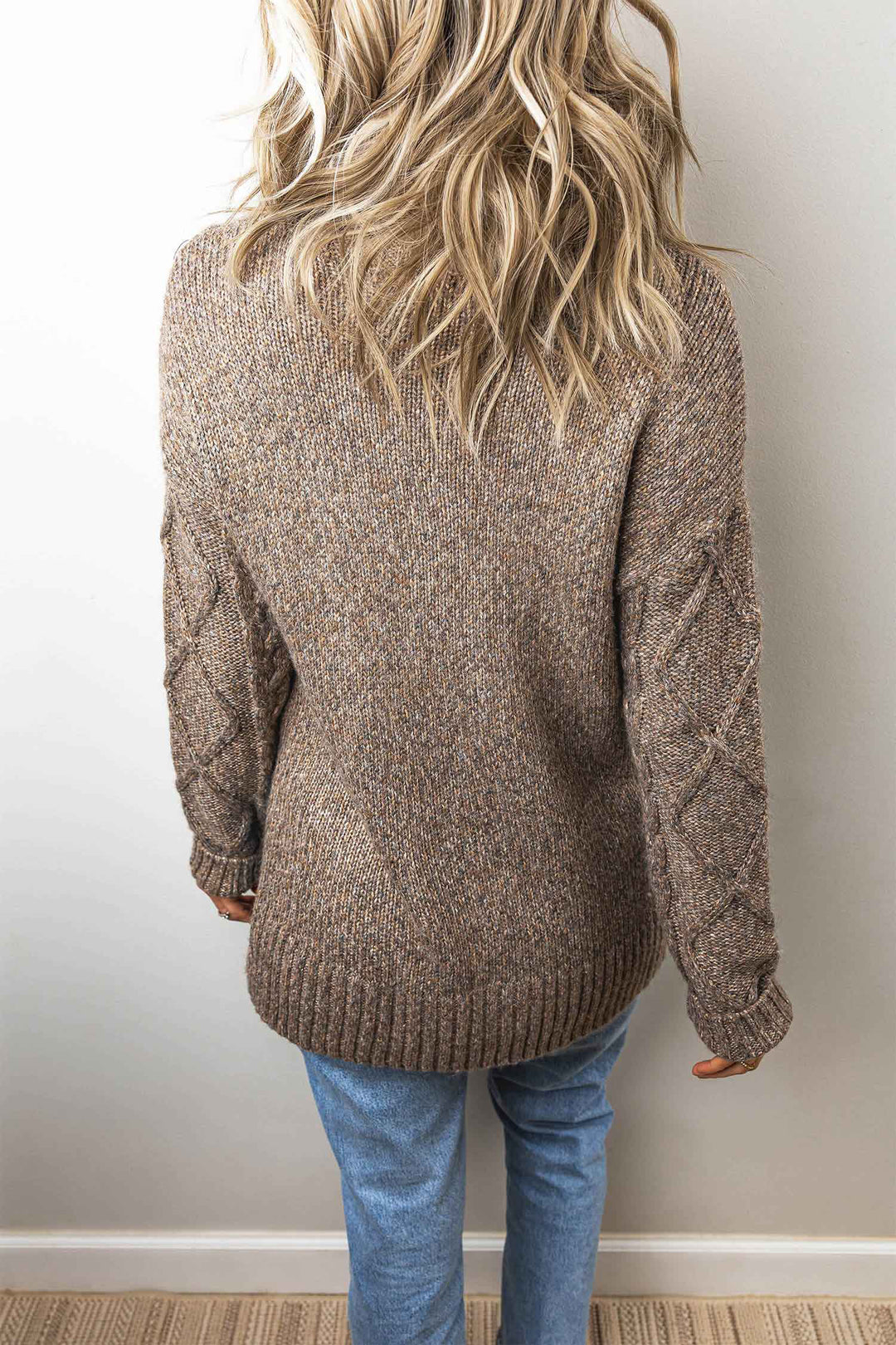 Dark Khaki High Neck Drop Shoulder Cable Knit Regular Length Sweater