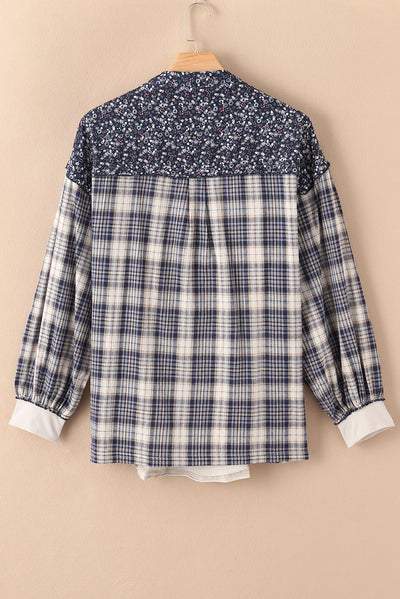 Blue Floral Plaid Mixed Print Bishop Sleeve Patchwork Top