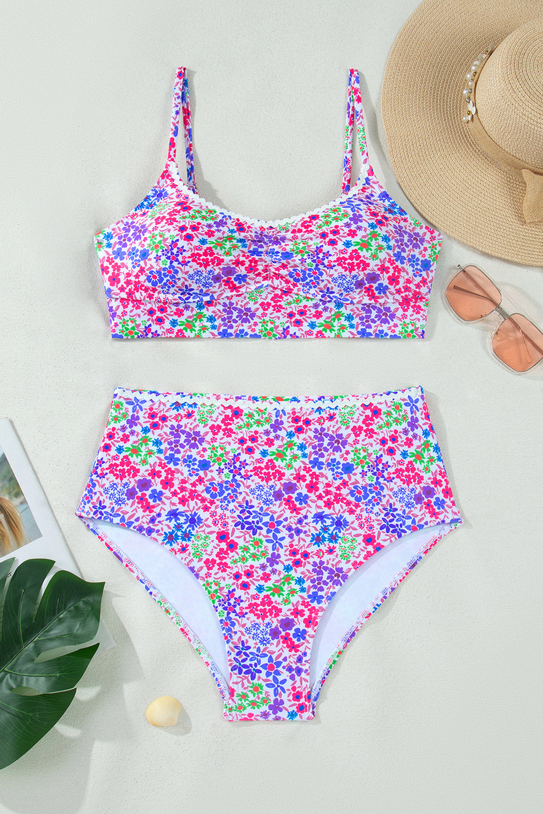 Purple Floral Print Lace Trim Spaghetti Strap Ruched Bikini High Waist Swimsuit