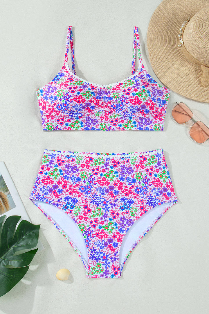 Purple Floral Print Lace Trim Spaghetti Strap Ruched Bikini High Waist Swimsuit