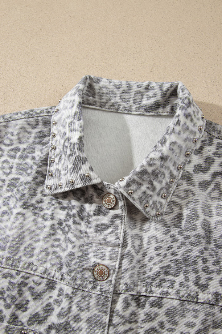 Khaki Leopard Print Studded Collar Studded Patch Pocket Denim Jacket
