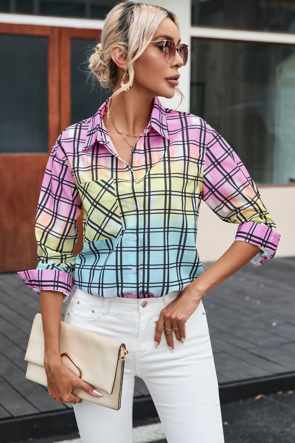 Multicolor Tie Dye Plaid Button Up Shirt