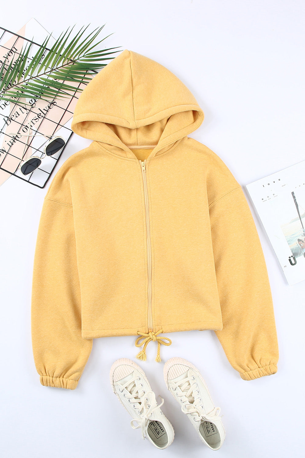 Yellow Zip Closure Drawstring Cinched Cropped Hoodie